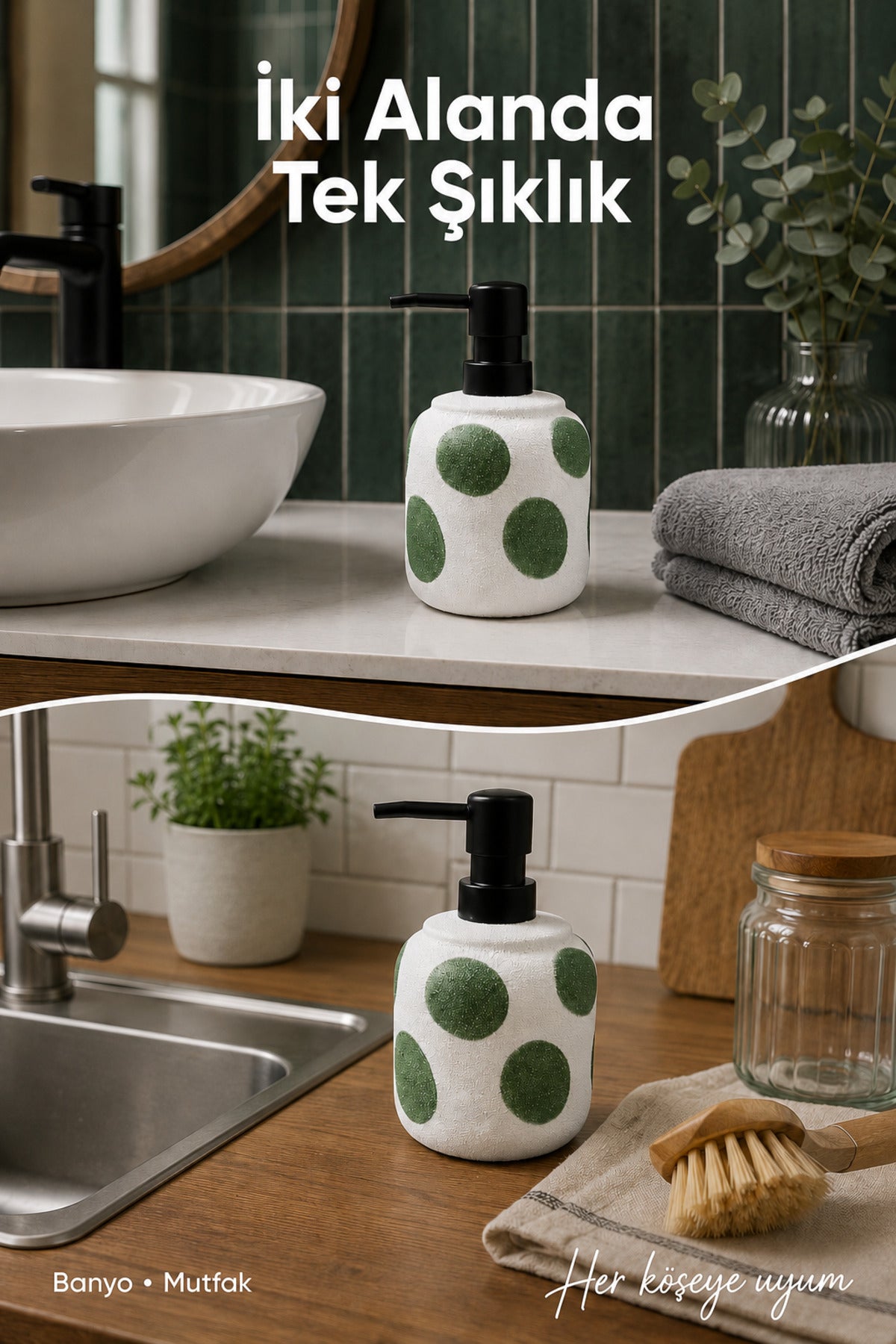Yeşil Puantiyeli Seramik Sıvı Sabunluk 380 ml Beyaz Lüks Banyo Mutfak Sıvı Sabunluk