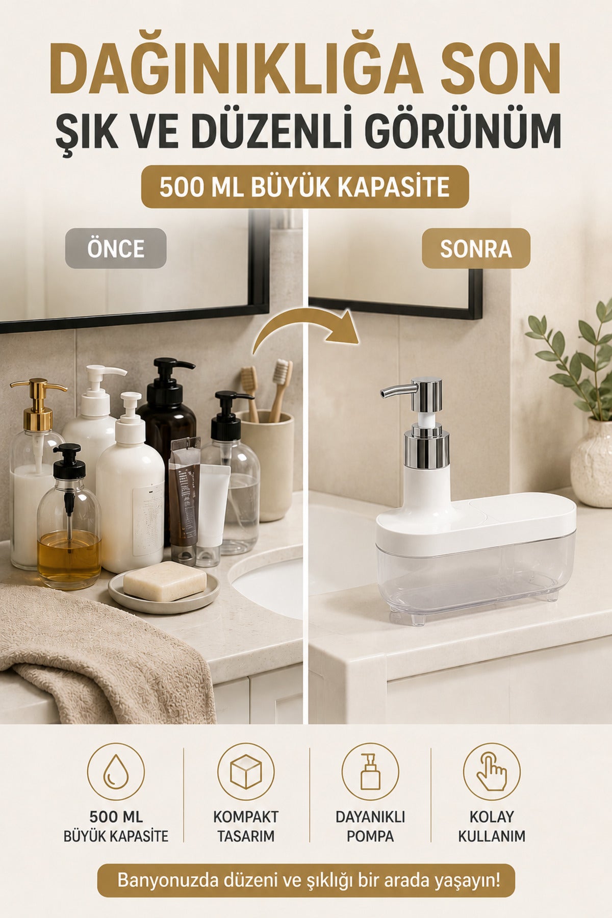 Modern Beyaz Sıvı Sabunluk 500 ml | Şık Banyo ve Mutfak Dispenseri - Yayvan Tasarım