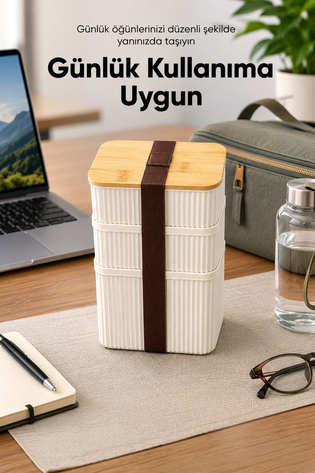 3'lü Dikdörtgen Fitilli Desenli Bantlı Saklama Kabı 2x(500 ml) 1x(1 Litre) Bambu Kapaklı Taşınabilir Beslenme Seti
