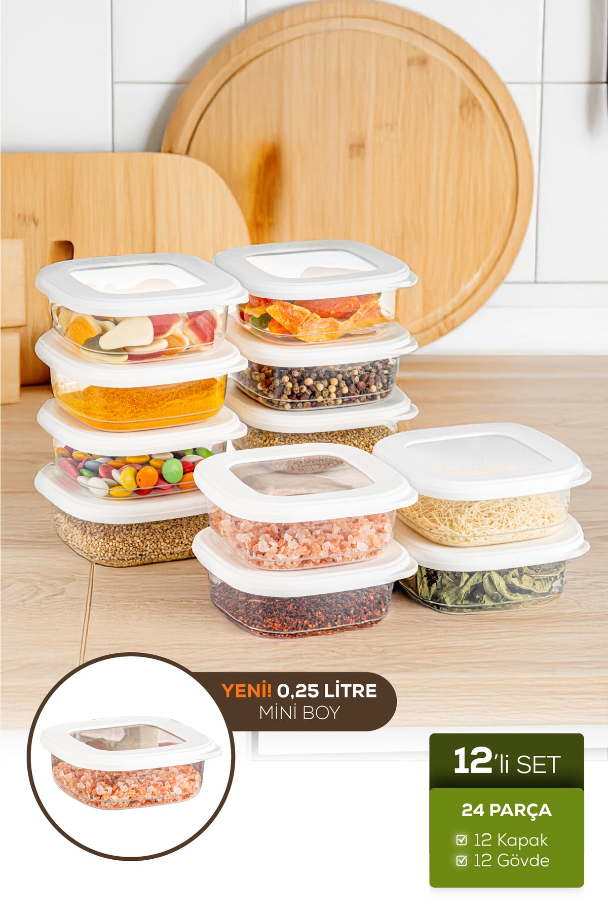 12'li Etiketli Lux Hava Geçirmez Erzak ve Baharat Saklama Kabı Seti 0,25 Lt Beyaz