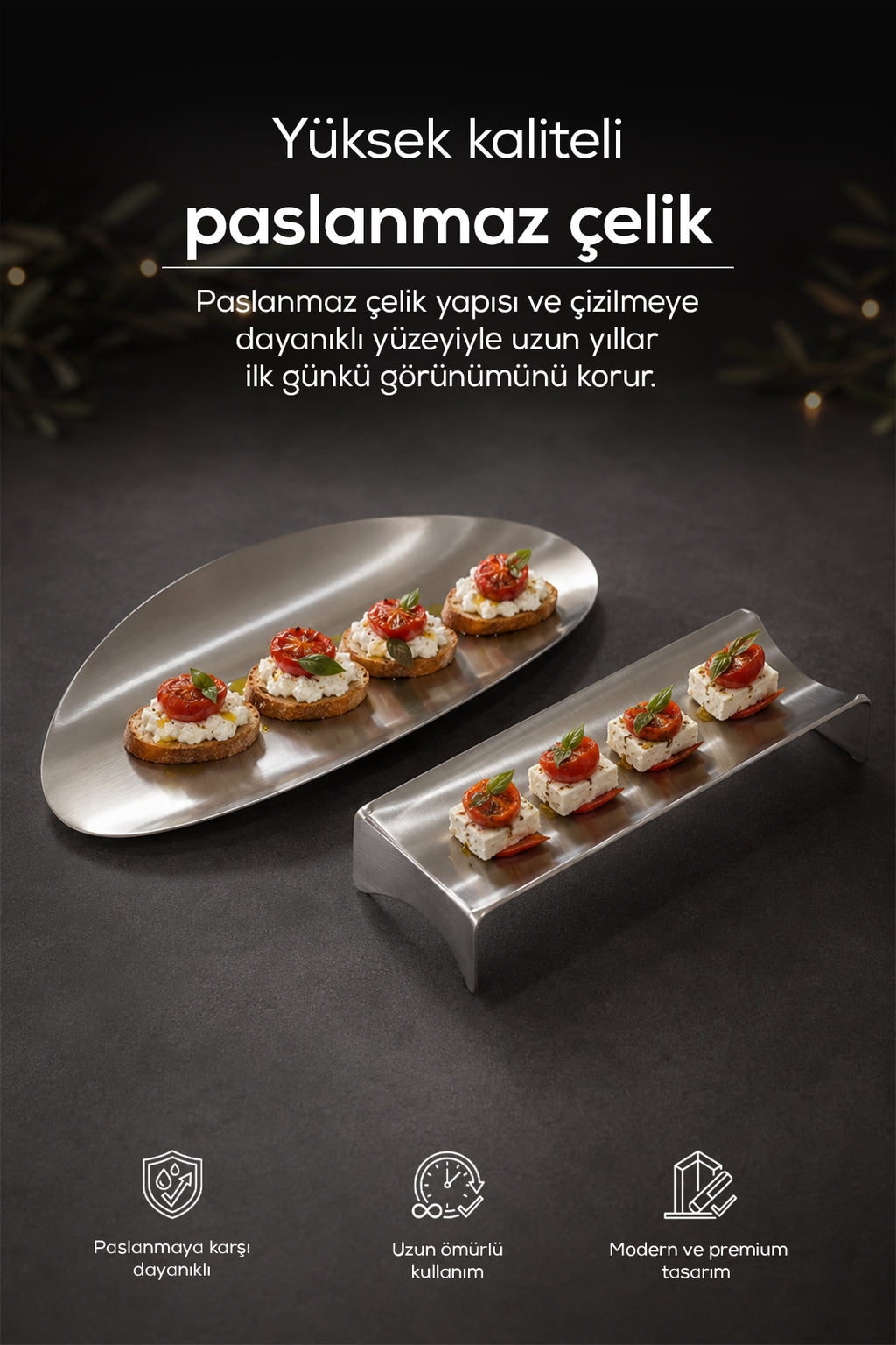2 Adet Paslanmaz Çelik Oval Servis ve Sunum Tabağı, Sunum ve Servis Seti