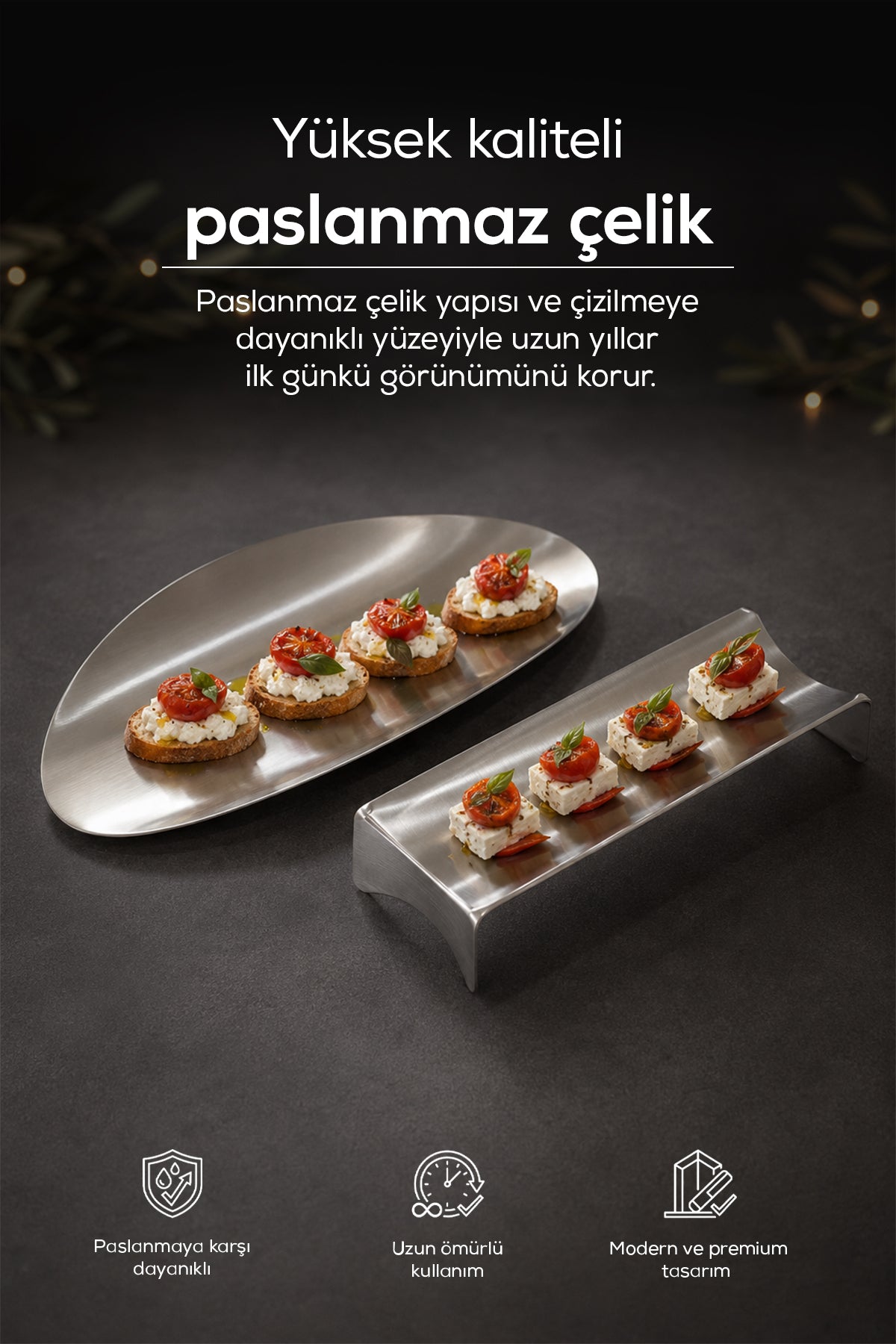 2 Adet Paslanmaz Çelik Oval Servis ve Sunum Tabağı, Sunum ve Servis Seti