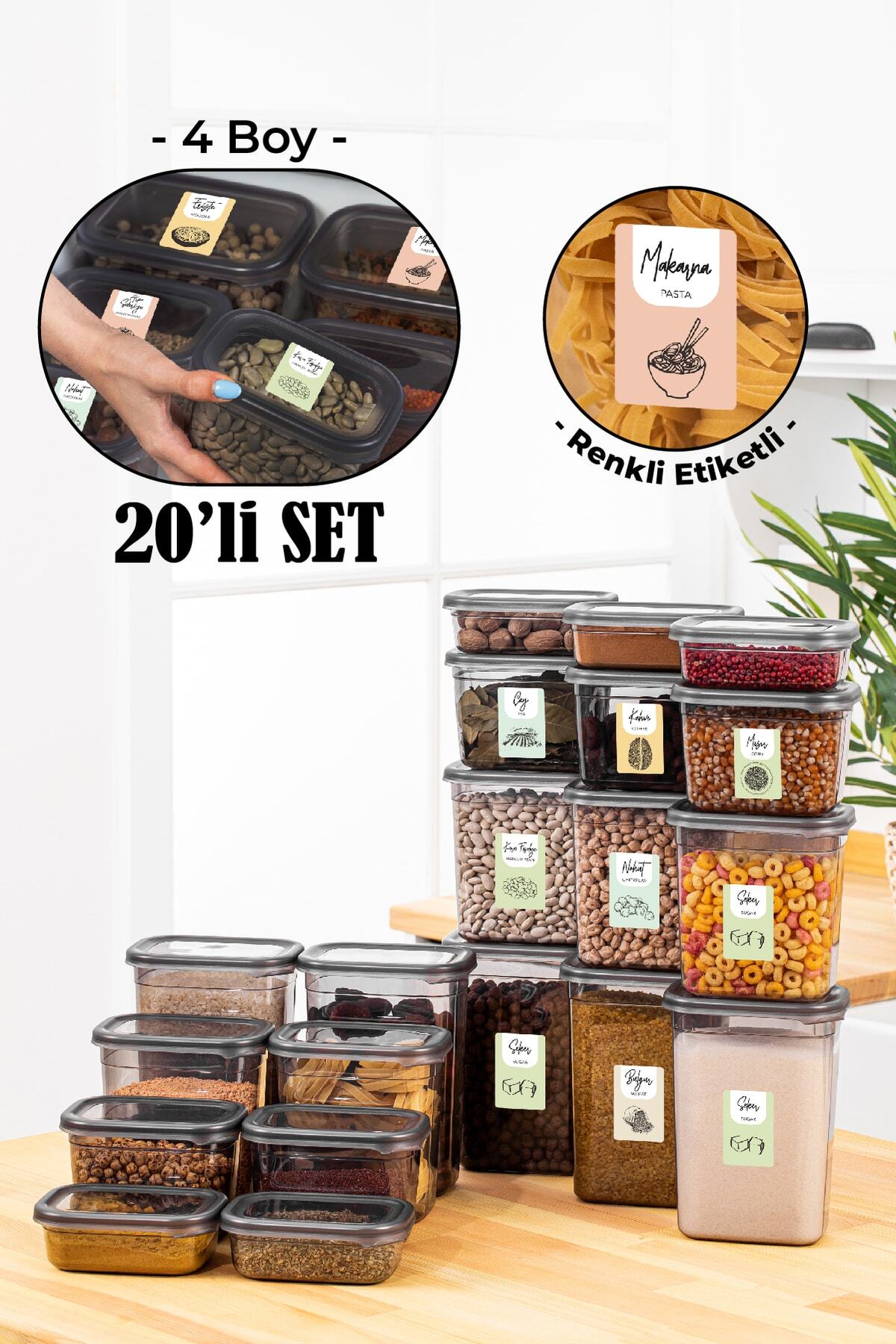 Renkli Etiketli 20li Peggy Dikdörtgen Saklama Kabı Seti 5x(1500-1150-800-400 Ml) Antrasit