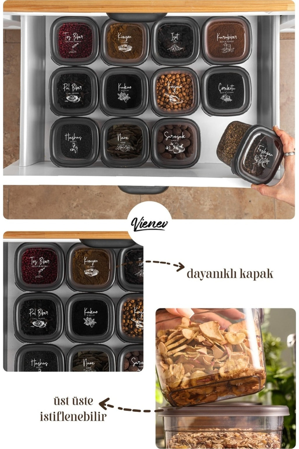 Beyaz Serigrafi Etiketli 12'li Set 1,2 Litre Peggy Kare Erzak Saklama Kabı Antrasit