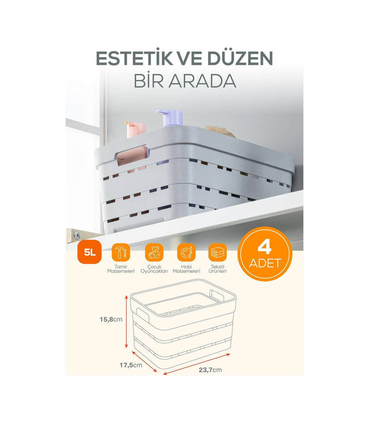 4'lü 5 Litre Delikli Saklama Kutusu Antrasit