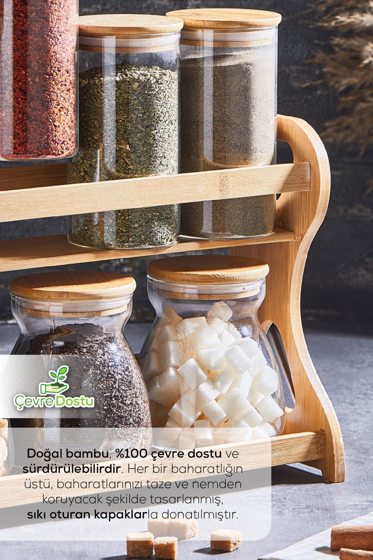 Bambu 7'li Cam Baharatlık Standlı