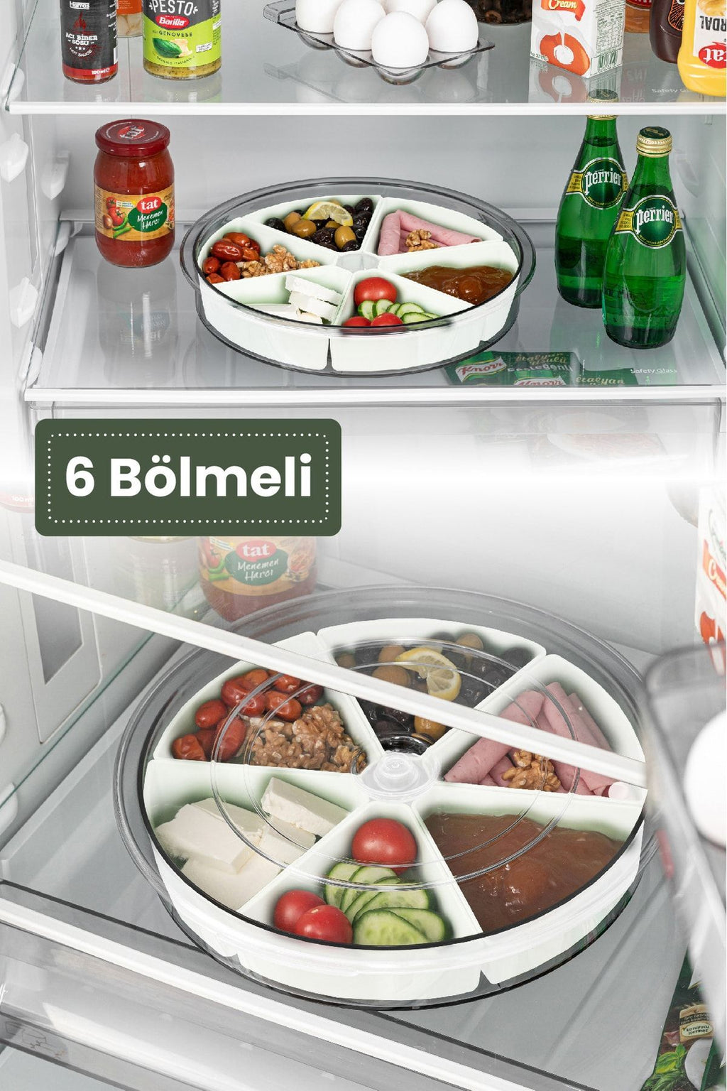 Üçgen Bölmeli Kapaklı 360 Derece Dönen Kahvaltı Sunumluk Seti Beyaz