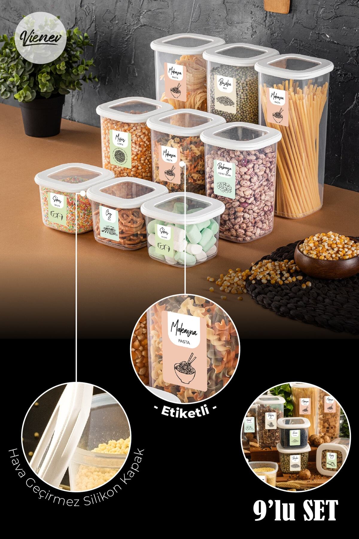 Renkli Etiketli Kare Erzak Saklama Kabı 9lu Set 3x(0,55 Litre, 1,2 Litre, 1,75 Litre) Beyaz