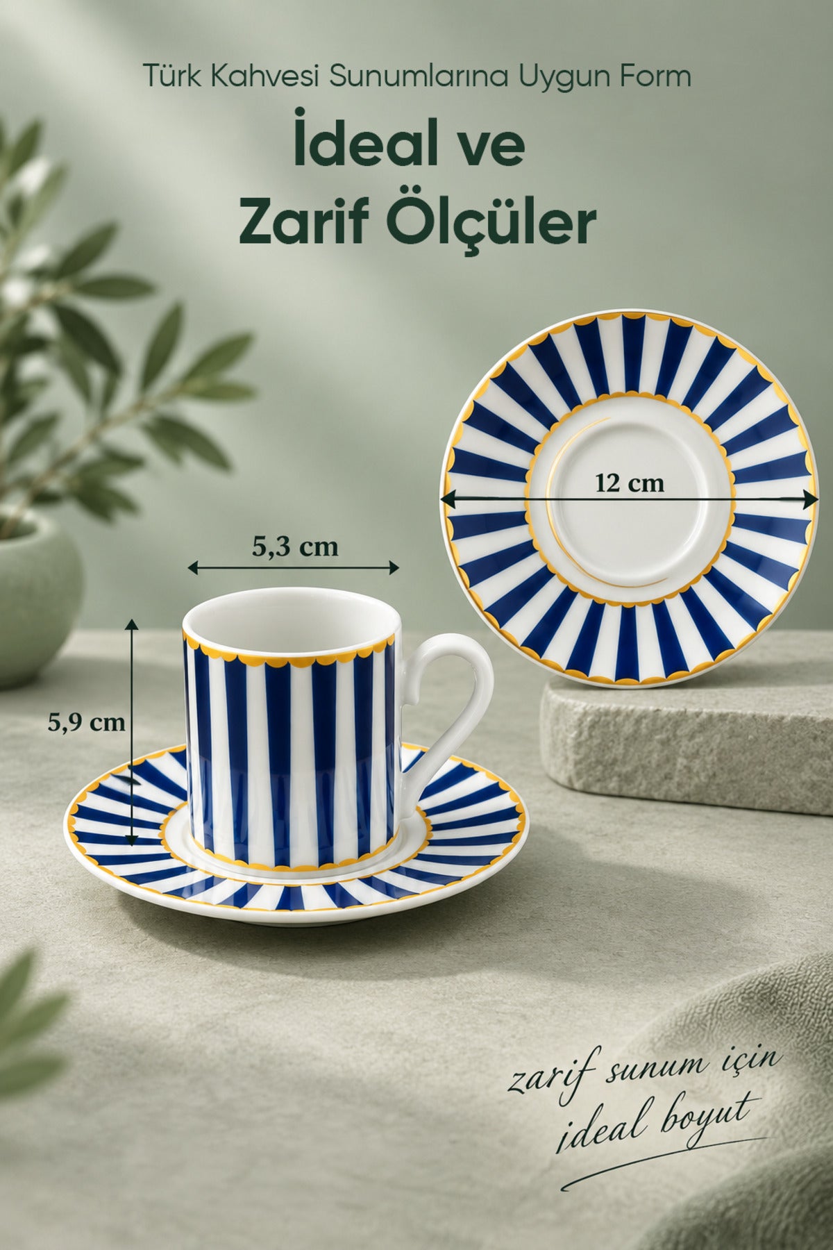 6 Kişilik Mavi Çizgili Porselen Kahve Fincanı Takımı 12 Parça Altın Yaldız Detaylı Şık Sunum Seti