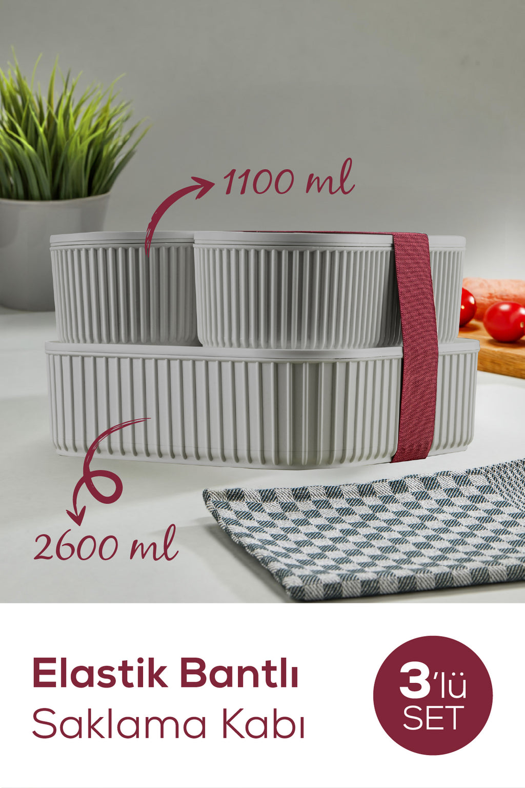 3'lü Elastik Bantlı İstiflenebilir Pratik Saklama Kabı Seti 2x(1100 ml) 1x(2400 ml) Gri