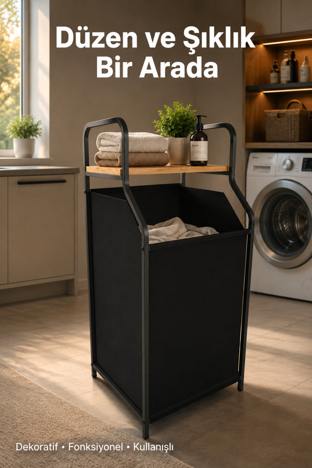 Metal Gövdeli Ahşap Raflı Banyo Düzenleyici - Kumaş Kirli Sepeti