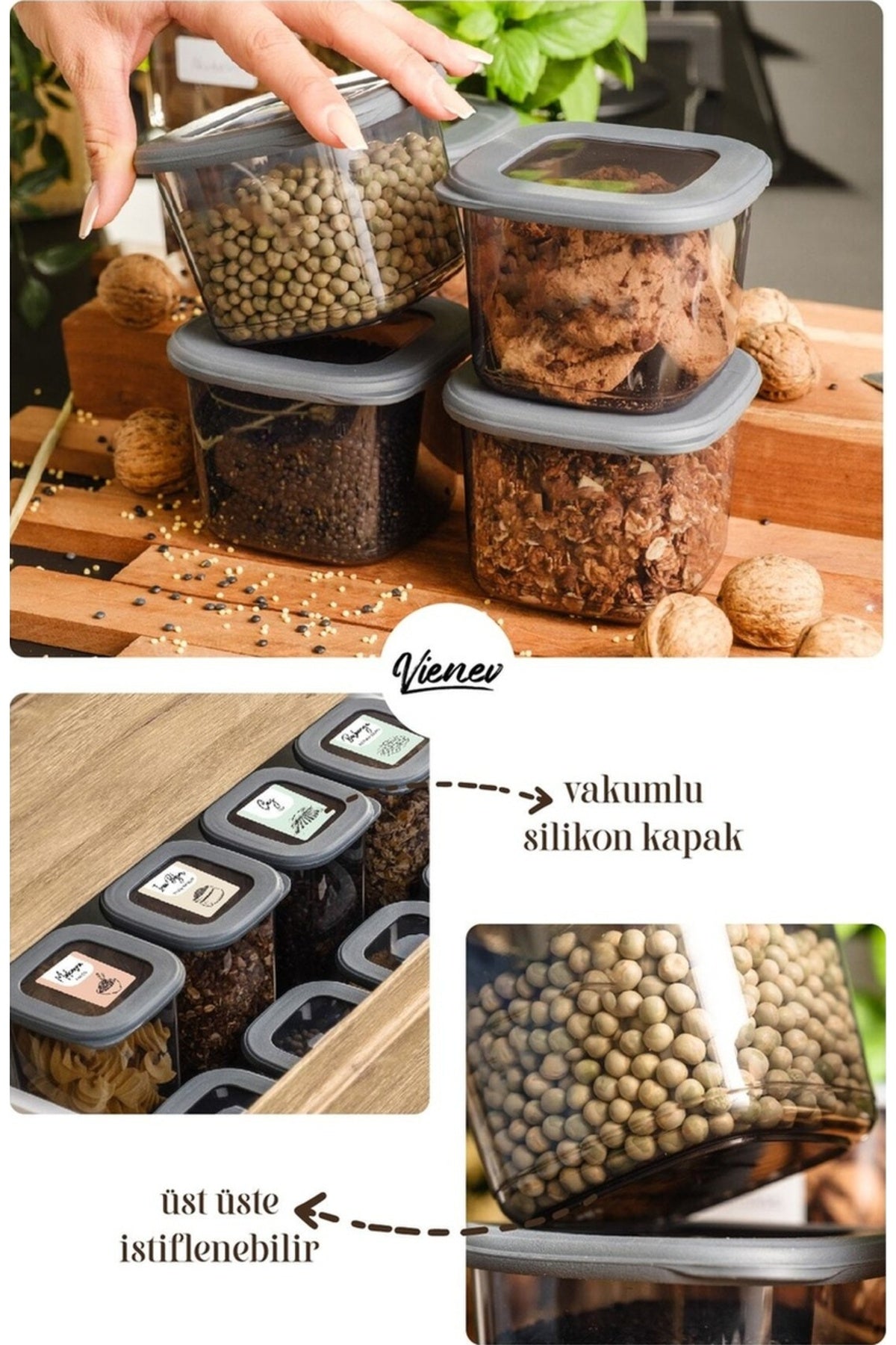 Renkli Etiketli 12li Foly Kare Erzak Saklama Kabı 9x(0,55 Litre) 3x(1,75 Litre) Antrasit