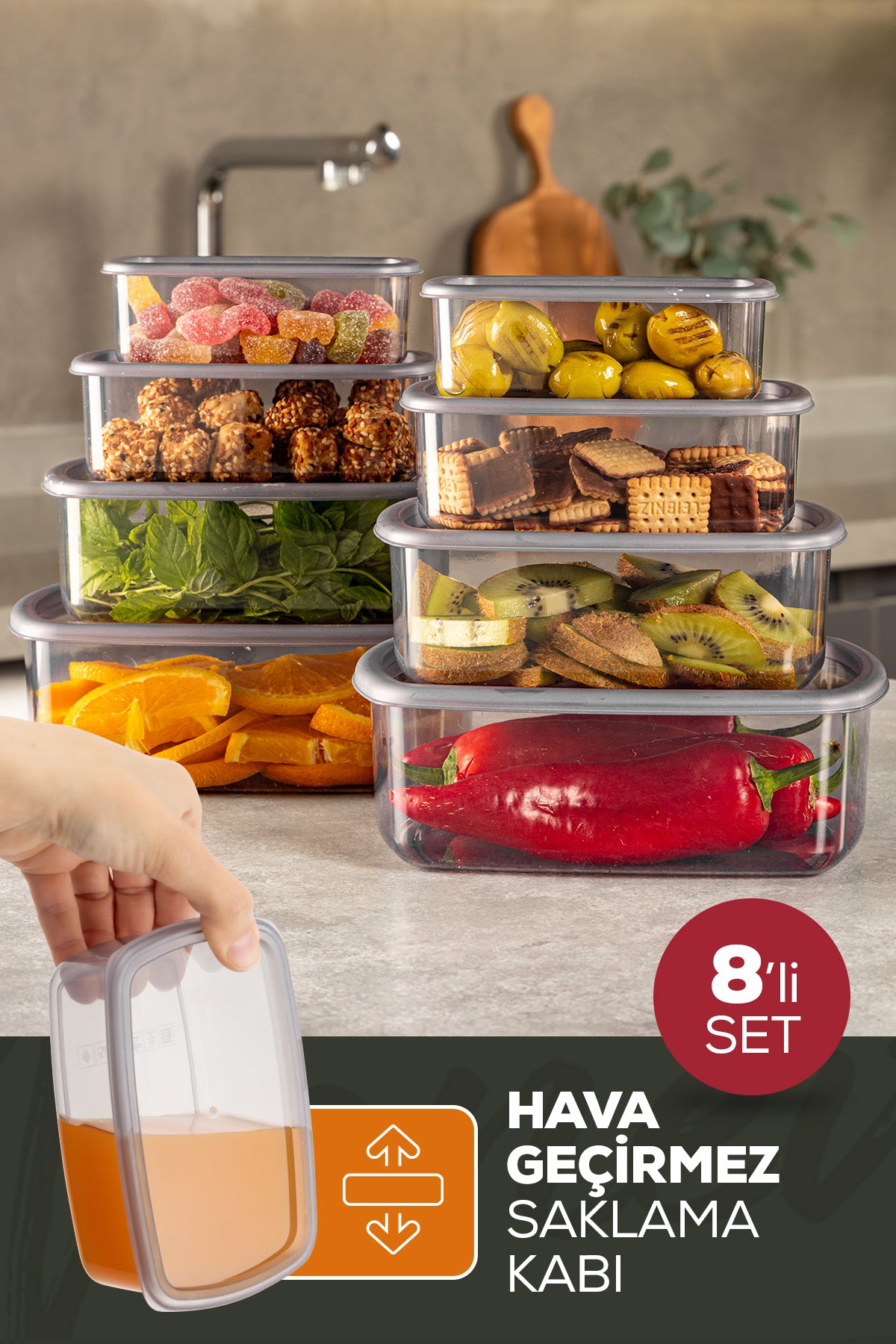 8'li Hava Geçirmez Saklama Kabı Seti Antrasit 2x(250-500-750-1200 ML)
