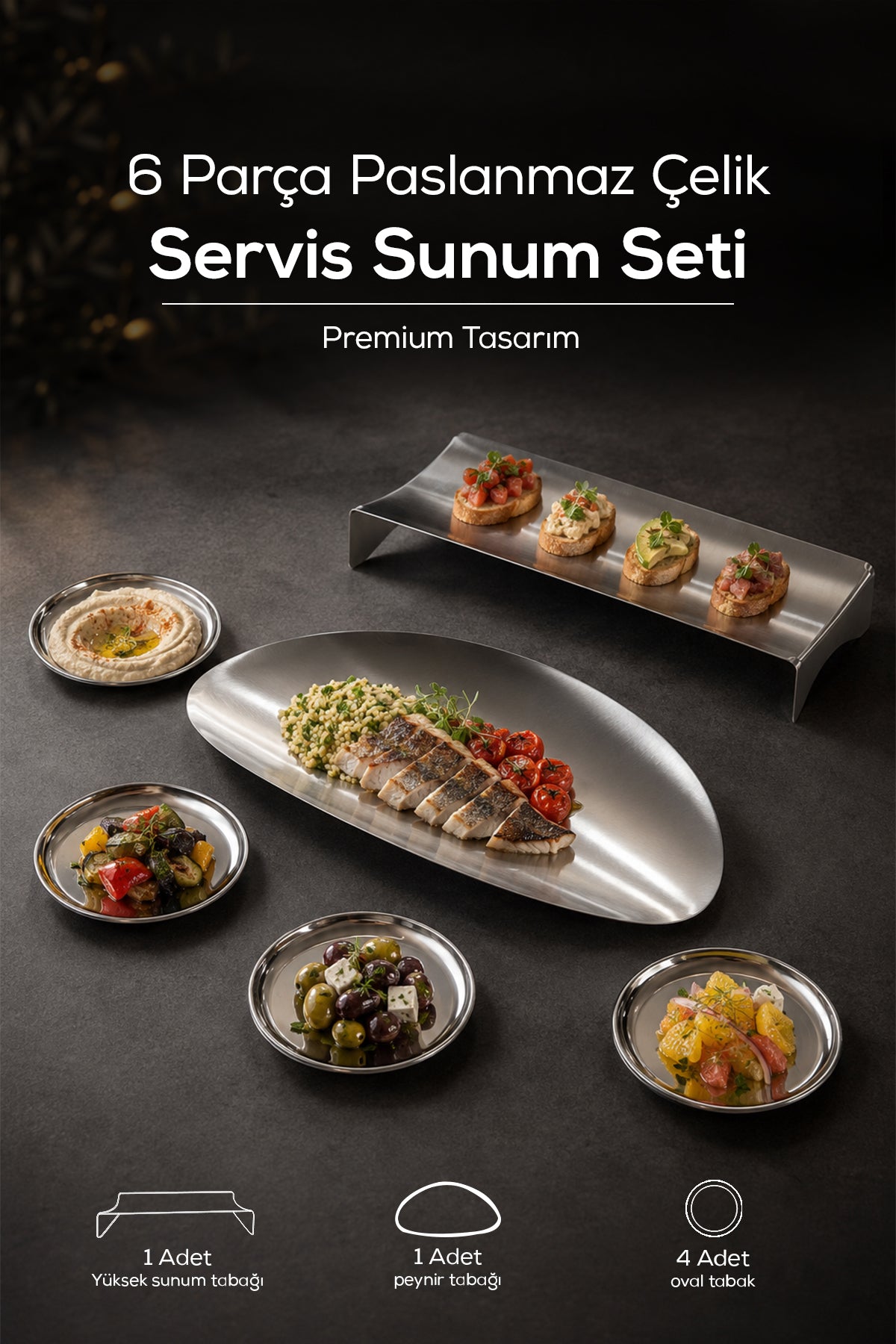 6 Parça Paslanmaz Çelik Çerezlik ve Sunum Tabağı Seti, Mezelik, Servis ve Kahvaltılık Takımı