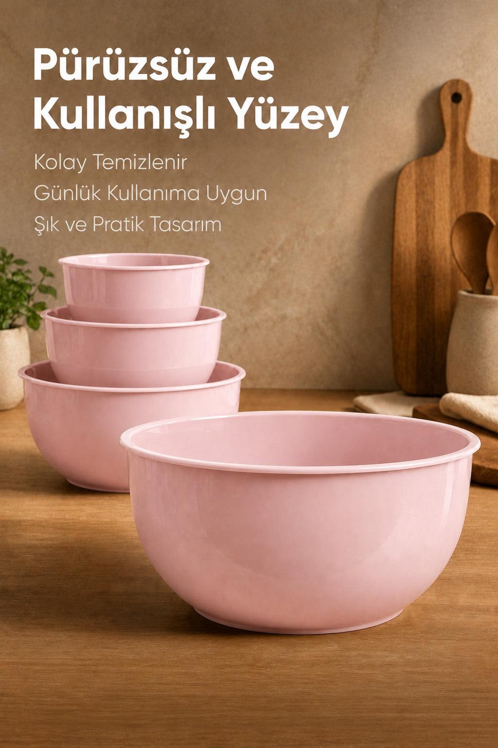 4'lü Karıştırma Ve Hazırlama Kabı Seti - Pudra Pembe - 1L 1.5L 2.3L 3.3L