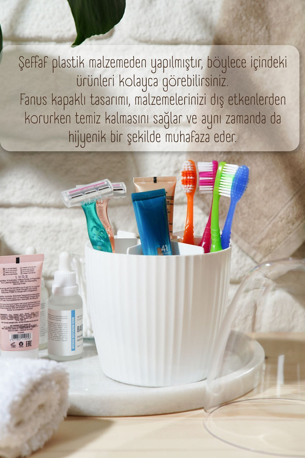 7 Bölmeli Beyaz Makyaj Organizeri - Fanus Kapaklı Tasarım