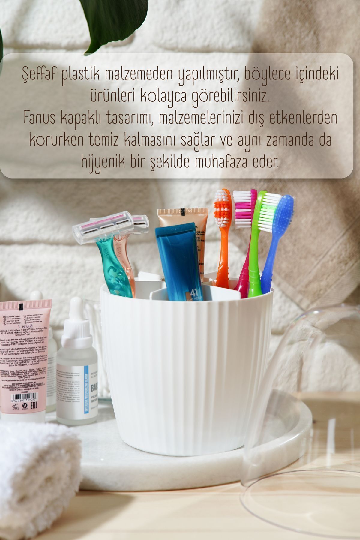 7 Bölmeli Beyaz Makyaj Organizeri - Fanus Kapaklı Tasarım