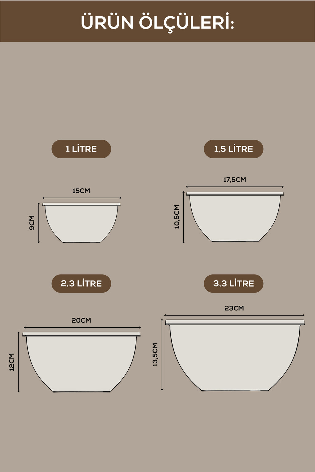 4'lü Yuvarlak Kase Seti Bej | 1l, 1.5l, 2.3l, 3.3l | Kapaklı Çok Amaçlı Mutfak Saklama Kabı