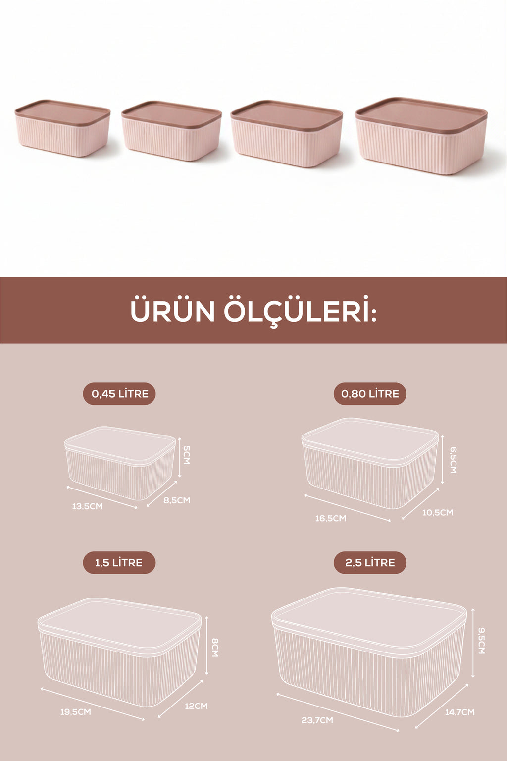 4'lü Çizgili Dikdörtgen Saklama Seti Pembe | 2.5L 1.5L 0.80L 0.45L | Mikrodalga ve Dondurucu Uyumlu