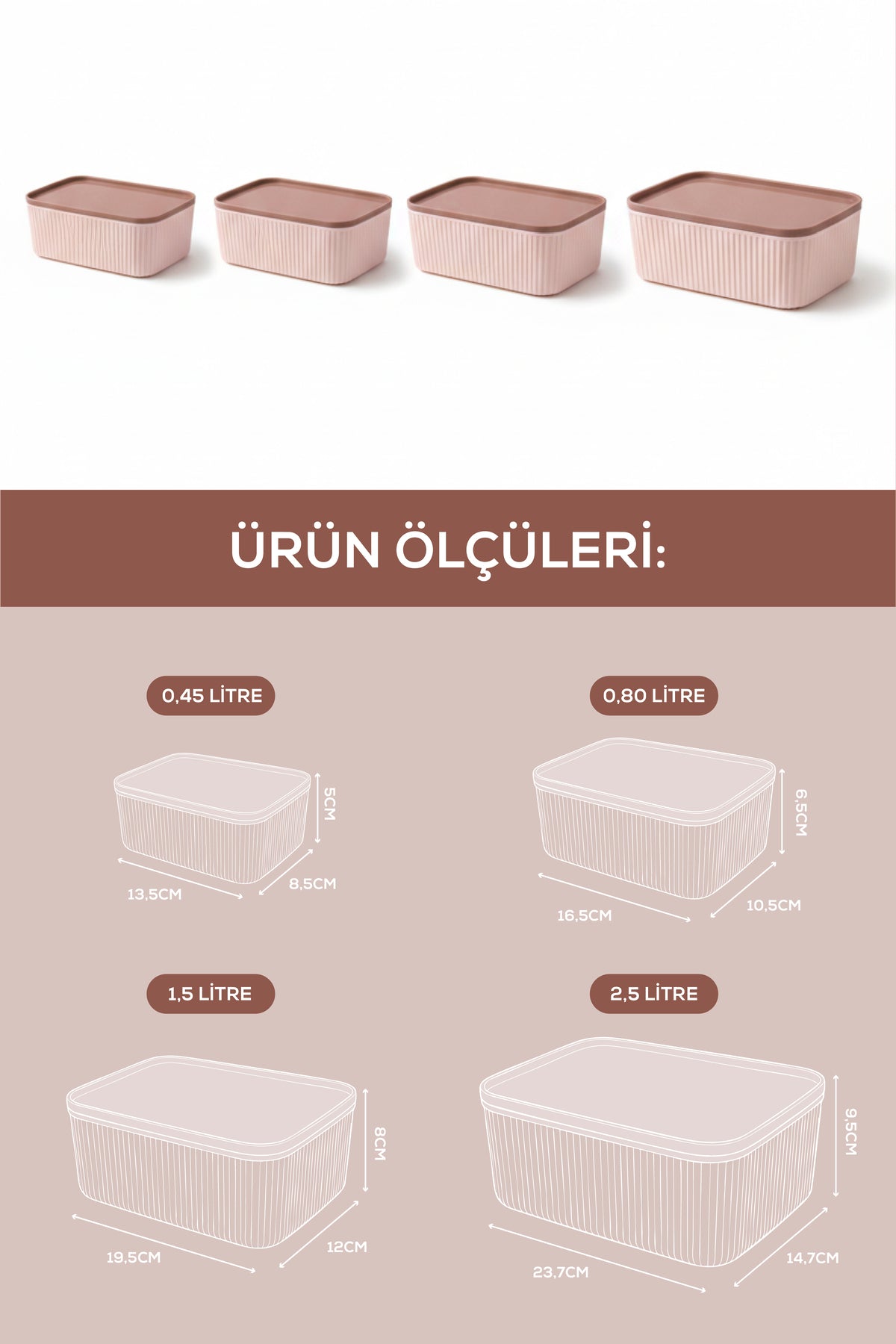 8'li Çizgili Dikdörtgen Saklama Seti Pembe | 2.5L 1.5L 0.80L 0.45L | Mikrodalga ve Dondurucu Uyumlu