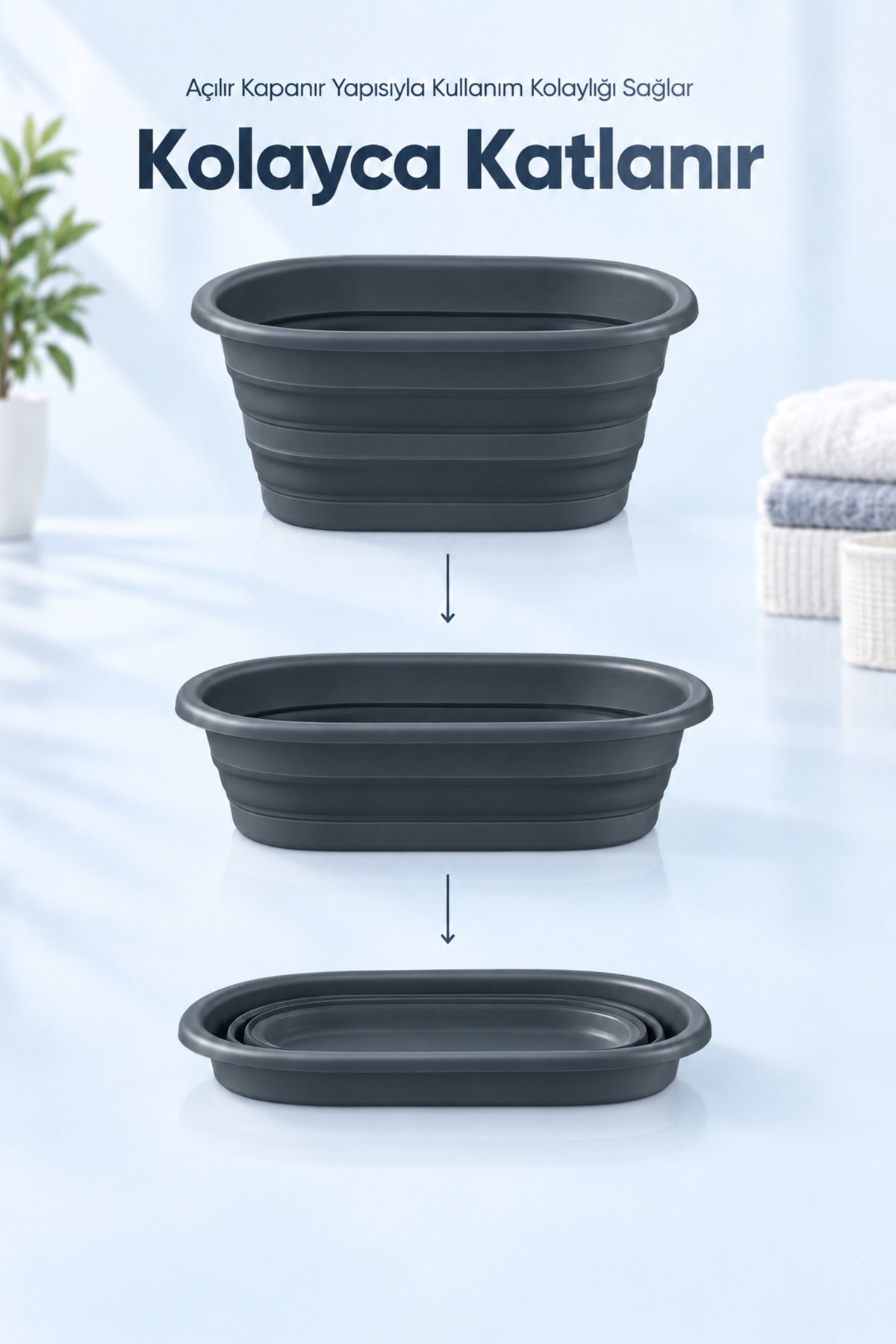 25 Litre Antrasit Katlanabilir Çamaşır Sepeti 54,5x38 cm Geniş Hacimli Pratik Ev Tipi Sepet