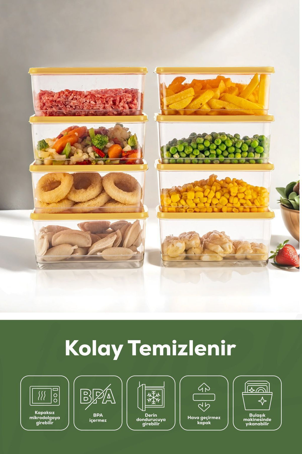 8'li Buzdolabı Düzenleyici Organizer Mikrodalgaya Uygun Difriz Saklama Kabı Sarı