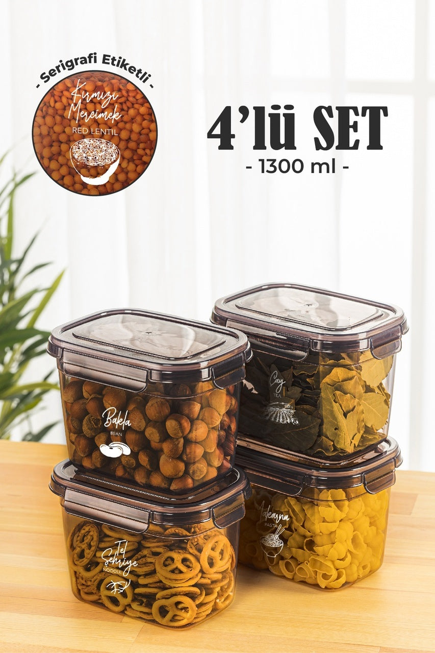 4'lü 1,3 Litre Contalı Dikdörtgen Saklama Kabı Seti Serigrafi Etiketli