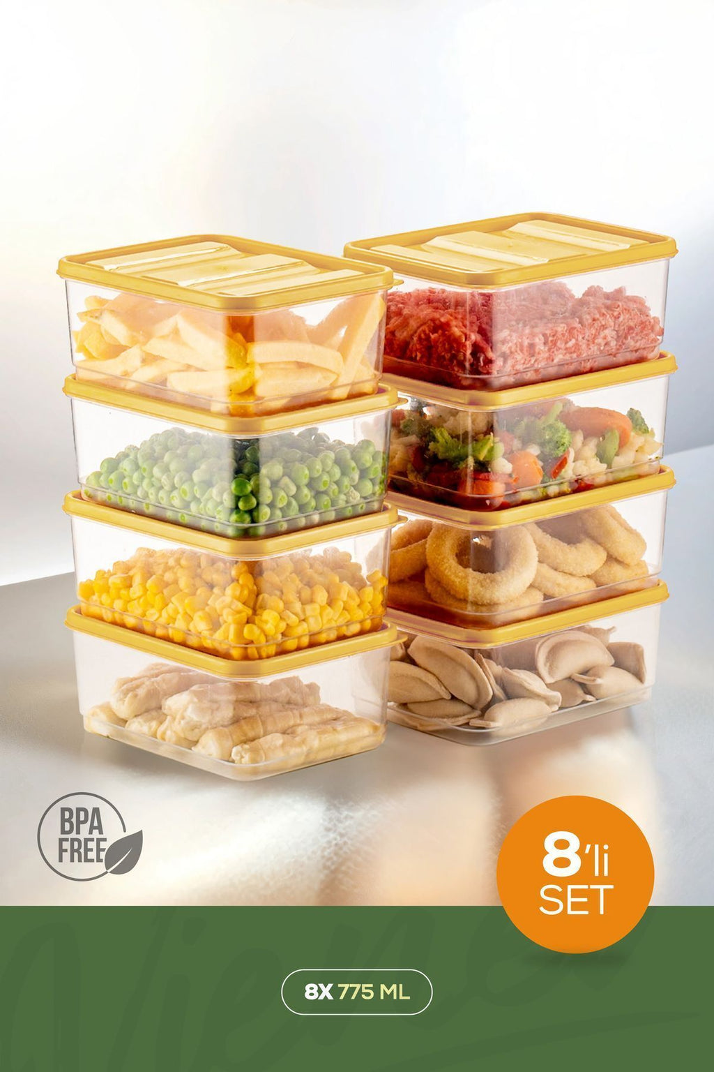 8'li Buzdolabı Düzenleyici Organizer Mikrodalgaya Uygun Difriz Saklama Kabı Sarı