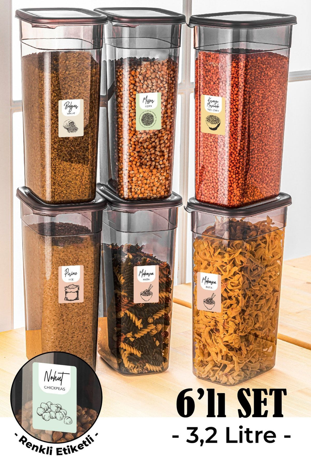 Renkli Etiketli 6lı Set Peggy Dikdörtgen Saklama Kabı 3,2 Litre Antrasit