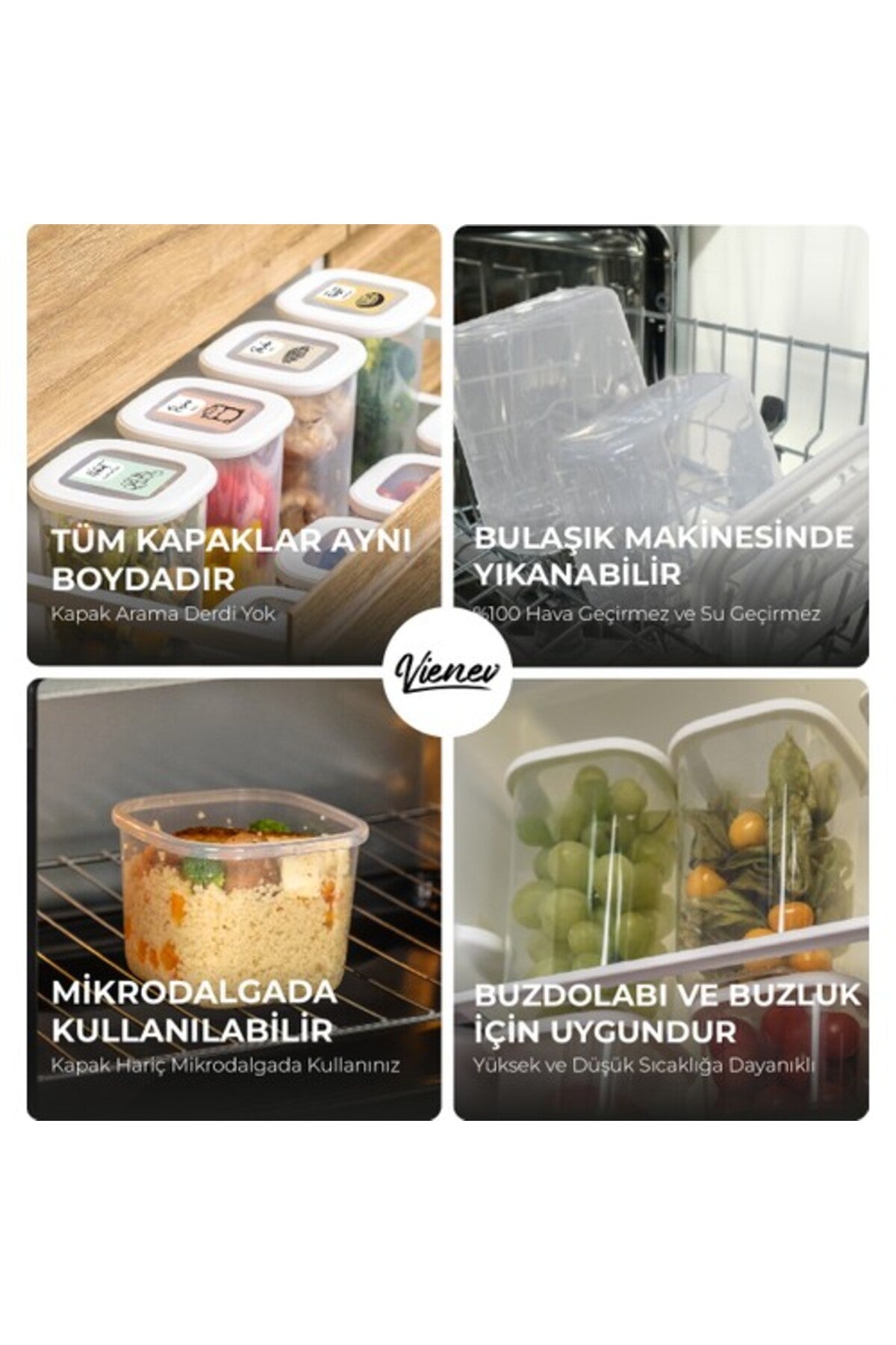 Renkli Etiketli Kare Erzak Saklama Kabı 6lı Set 2x(0,55 litre, 1,2 litre, 1,75 litre) Beyaz