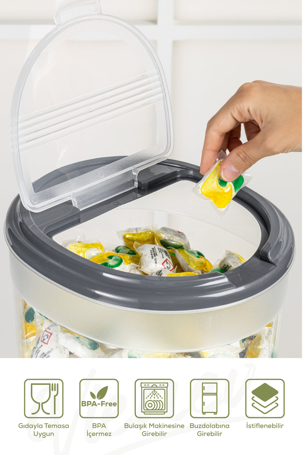 2'li 8 Litre Büyük Boy Plastik Deterjan Saklama Kutusu – Koyu Gri Kapaklı