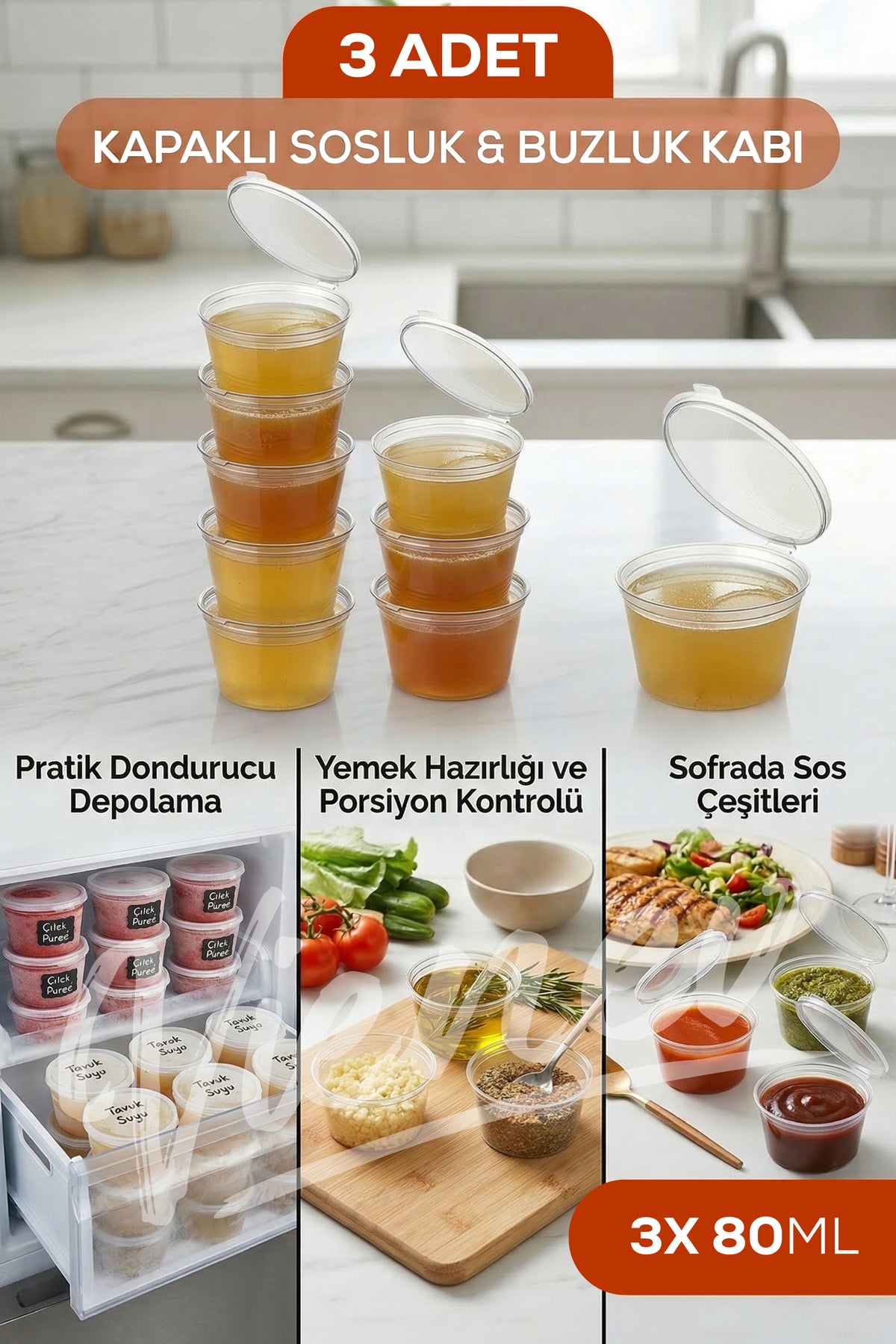 3'lü Dondurucuya Uygun Saklama Kabı – 80 ml Sos, İlik, Tavuk Suyu Saklama Kabı
