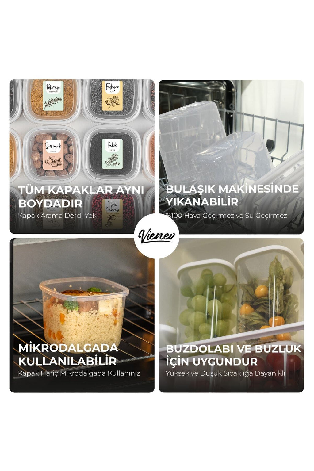 Renkli Etiketli 12li Peggy Kare Erzak Saklama Kabı 4x(0,55 Litre, 1,2 Litre, 1,75 Litre) Beyaz