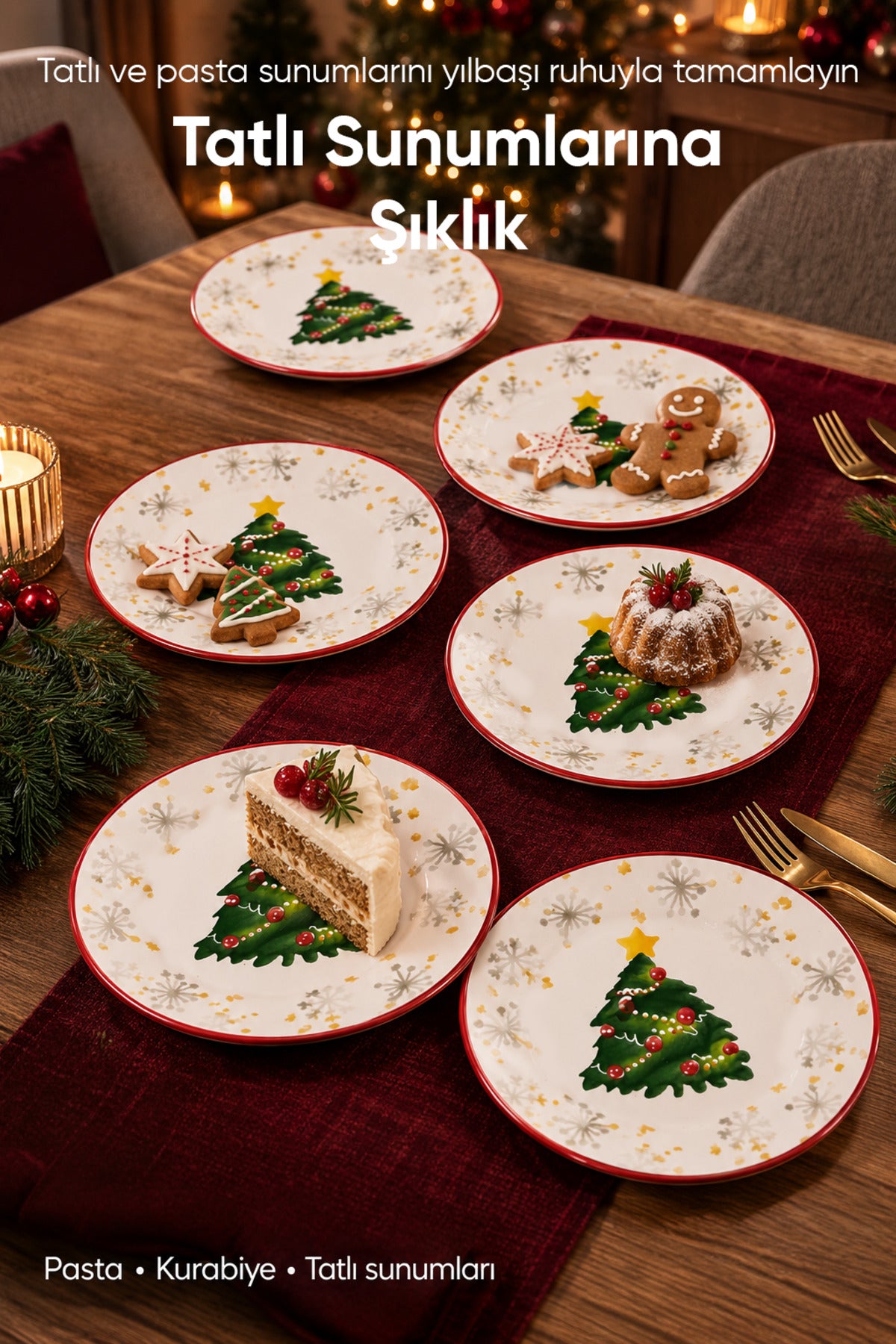 6'lı Süslü Yılbaşı Çam Ağacı Desenli Pasta Tabağı 19 cm Tatlı Sunum Servis Tabağı Kırmızı Beyaz 6 Kişilik