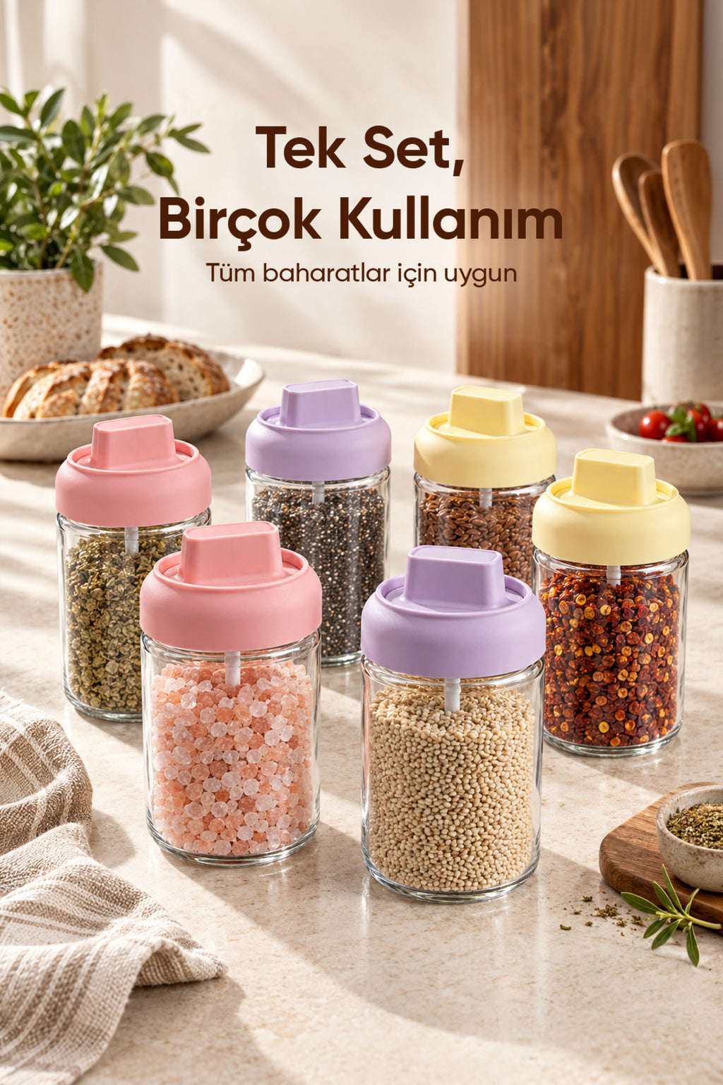 6'lı Kaşıklı Kapaklı Cam Baharatlık Seti 314 ml Çok Renkli