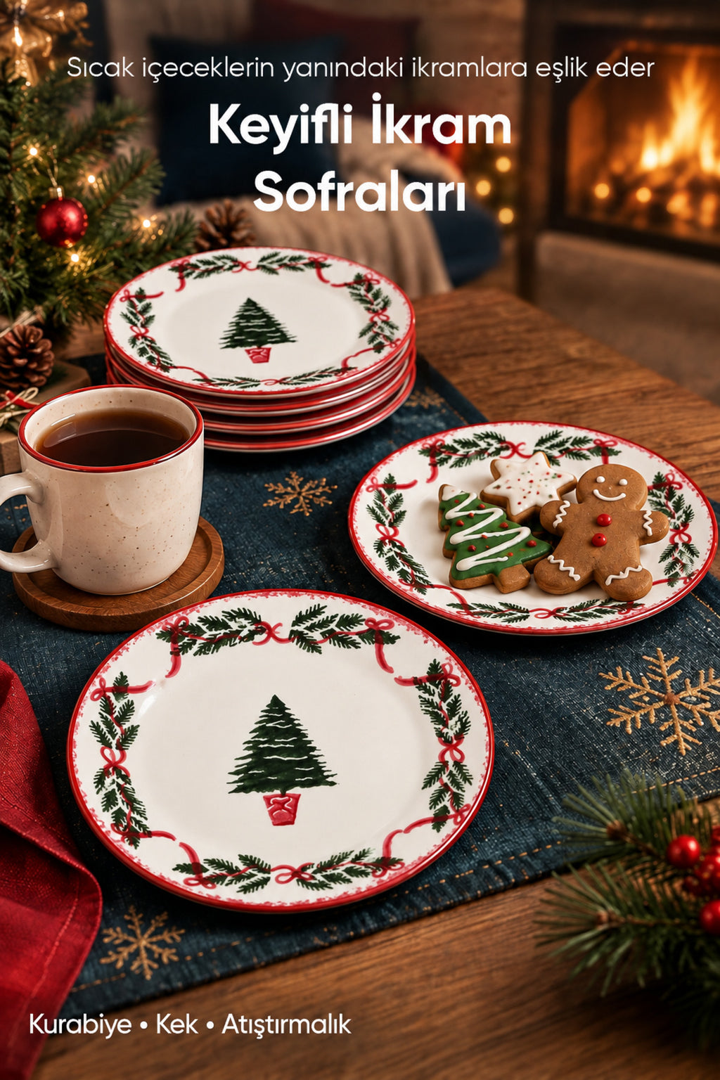 6'lı Yılbaşı Çam Ağacı Desenli Pasta Tabağı 19 cm Tatlı Sunum Servis Tabağı Kırmızı Beyaz 6 Kişilik