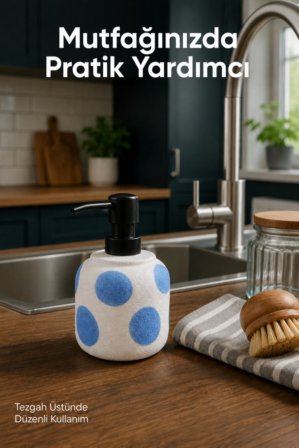 Mavi Puantiyeli Seramik Sıvı Sabunluk 380 ml Beyaz Lüks Banyo Mutfak Sıvı Sabunluk