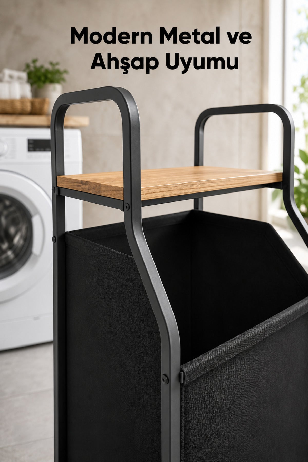 Metal Gövdeli Ahşap Raflı Banyo Düzenleyici - Kumaş Kirli Sepeti