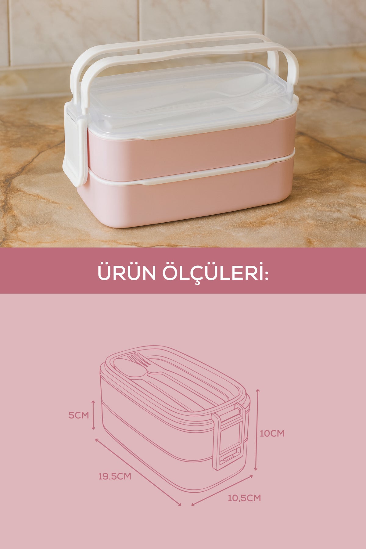 İki Katlı Saklama Kabı ve Öğün Kabı – Çatal Kaşık Dahil Pembe