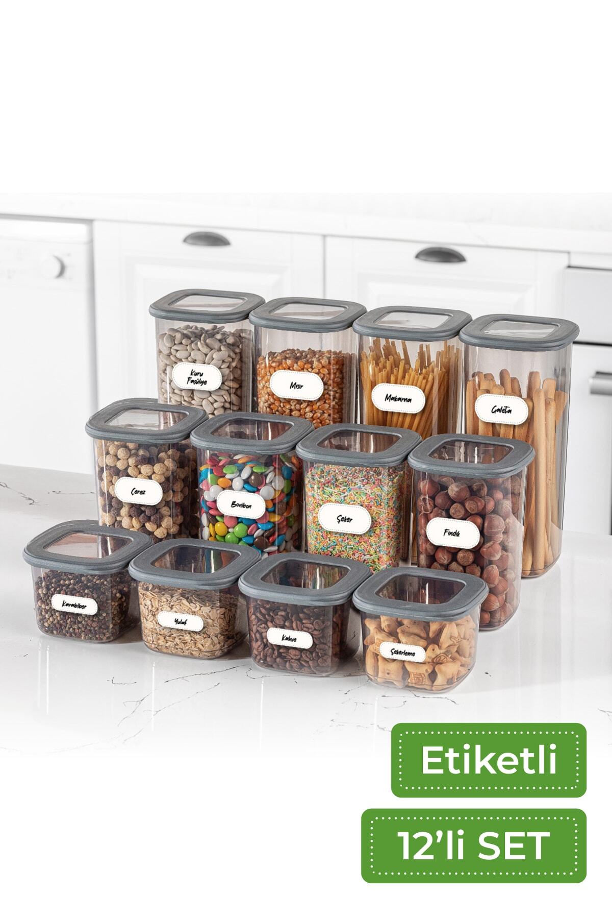 12'li Set Etiketli Kare Erzak Saklama Kabı 4x(0,55 LİTRE, 1,2 LİTRE, 1,75 LİTRE) Antrasit