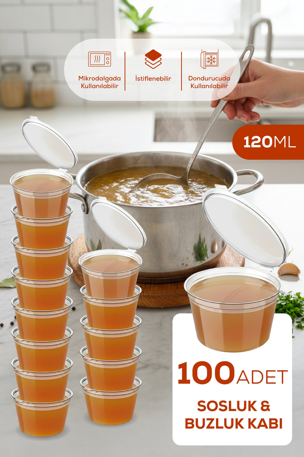 100'lü Dondurucuya Uygun Saklama Kabı – 120 ml İlik, Tavuk Suyu, Sos ve İlaç Saklama Kabı