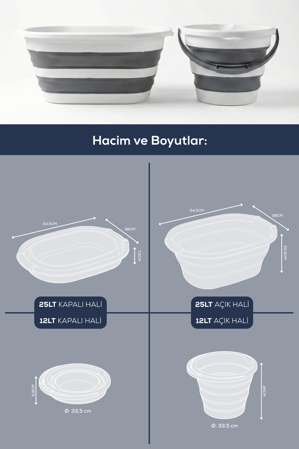 25 L Katlanır Sepet + 12 L Katlanır Kova Antrasit | Yer Kaplamayan Akordiyon Tasarım