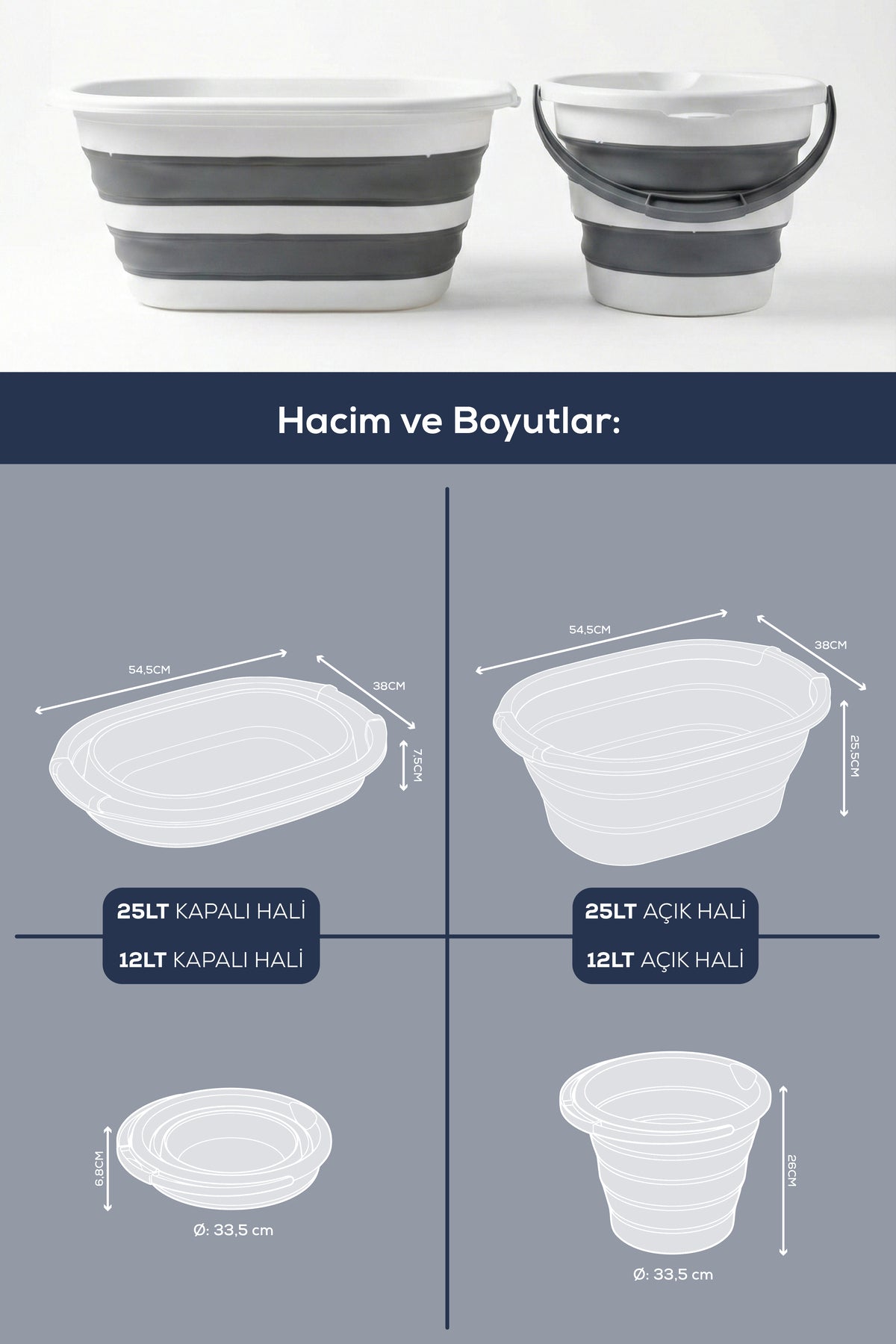 25 L Katlanır Sepet + 12 L Katlanır Kova Antrasit | Yer Kaplamayan Akordiyon Tasarım