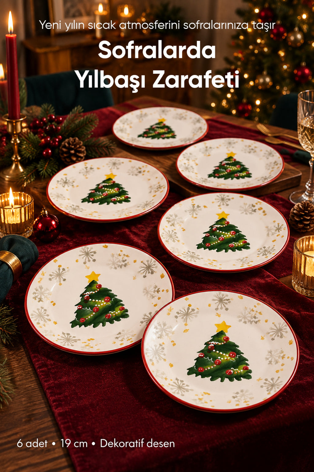 6'lı Süslü Yılbaşı Çam Ağacı Desenli Pasta Tabağı 19 cm Tatlı Sunum Servis Tabağı Kırmızı Beyaz 6 Kişilik