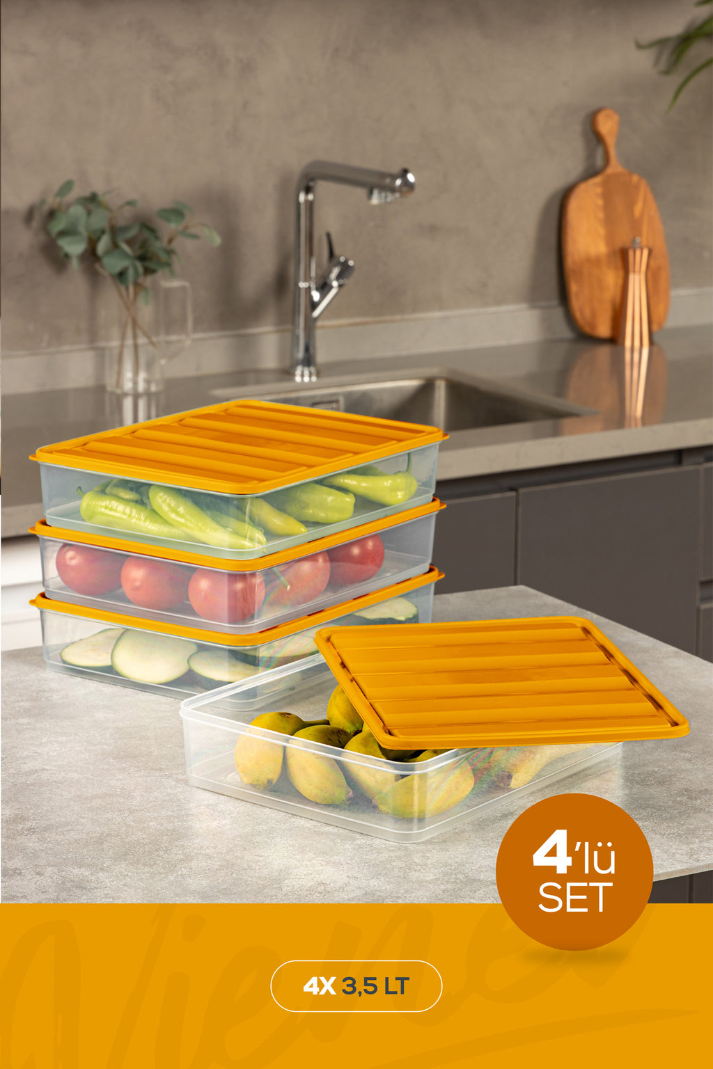 4'lü 3,5 Litre Buzdolabı Dondurucu Organizer Mikrodalga Ve Difrize Uygun Saklama Kabı Turuncu