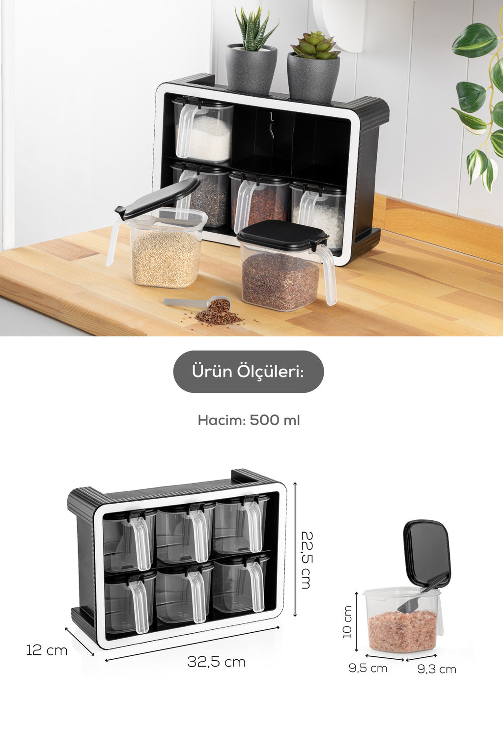 Beyaz Serigrafi Etiketli 6'lı 500 ml Standlı Kendinden Yapışkanlı Kaşıklı Baharatlık Seti Siyah