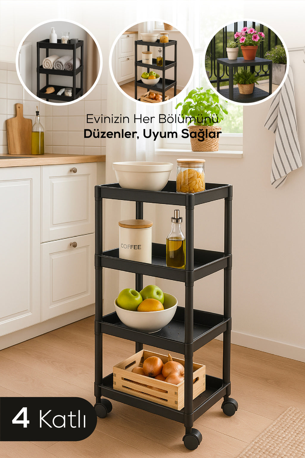 4 Katlı Tekerlekli Çok Amaçlı Mutfak ve Banyo Rafı Siyah