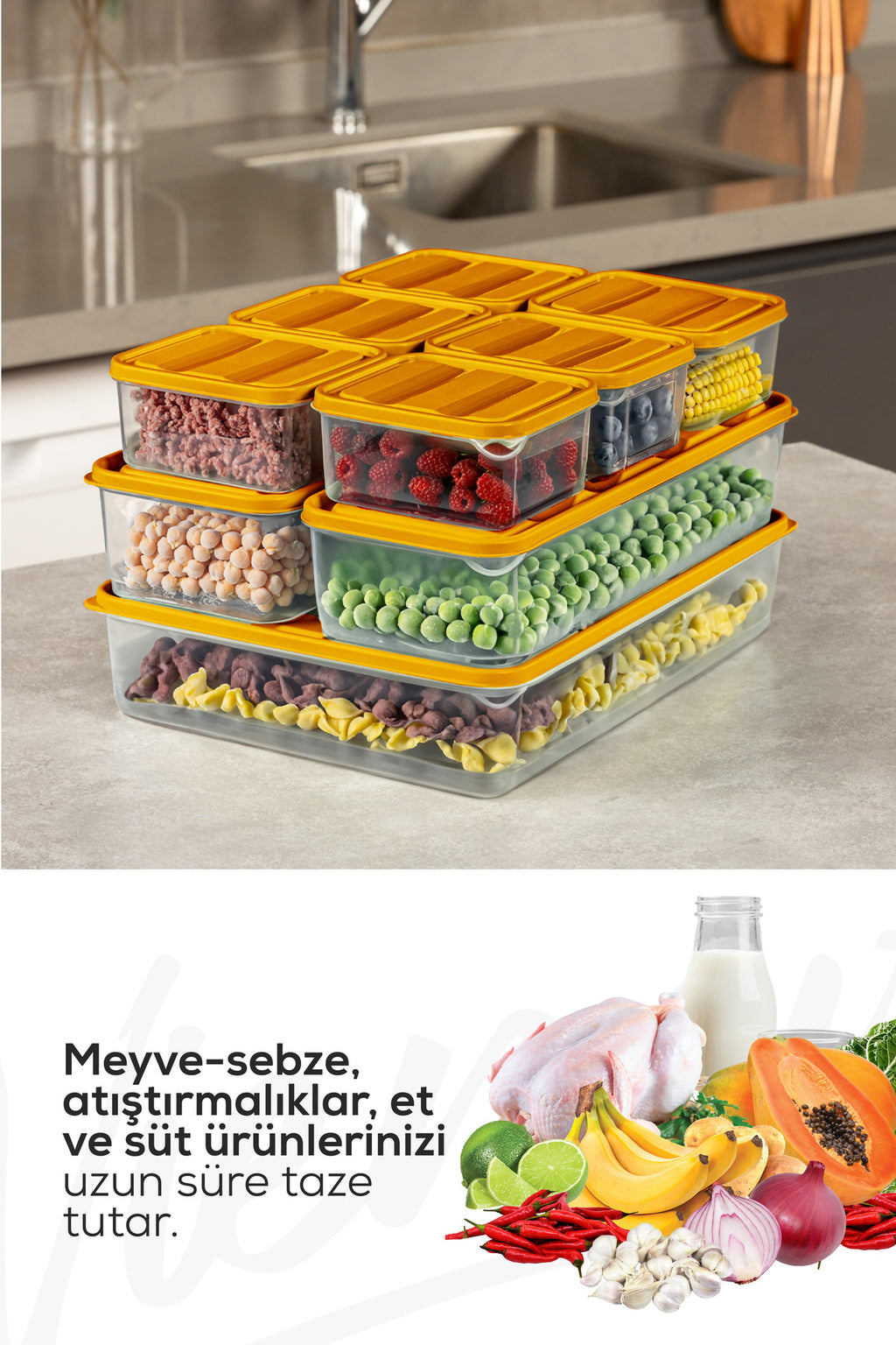 9'lu Buzdolabı Dondurucu Organizer Ve Saklama Kabı Turuncu 6x(350ML) 2x(1,65LT) 1x(3,5LT)