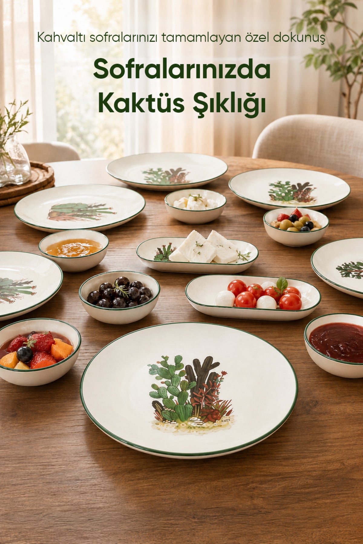 Kaktüs Desenli 14 Parça 6 Kişilik Seramik Kahvaltı Takımı Servis Sunum Tabaklı Dekoratif Sofra Seti
