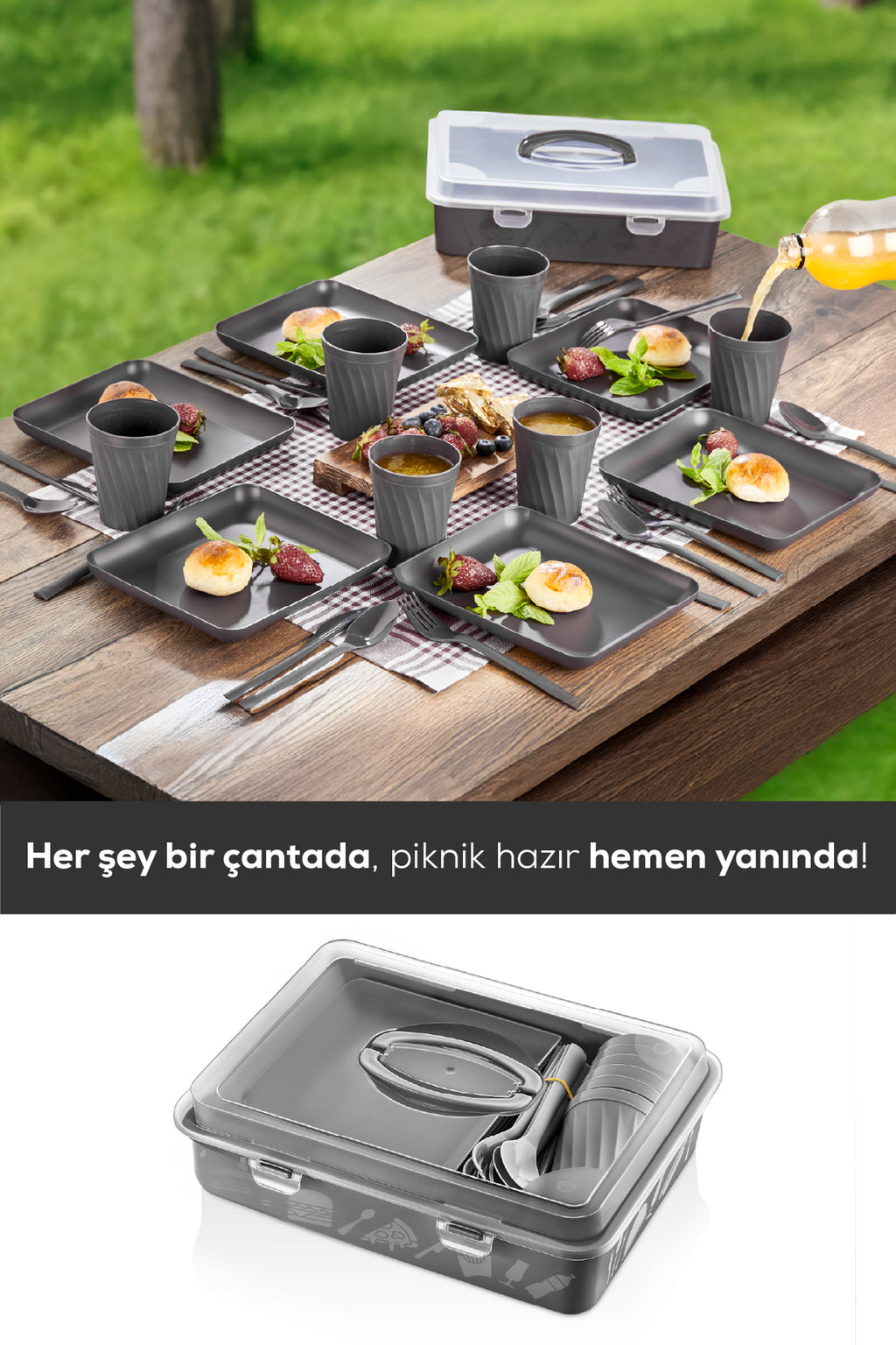 32 Parça 6 Kişilik Taşınabilir Piknik Seti - Saklama Kutulu Antrasit